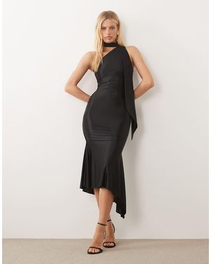 Oh Polly Vestido Largo Asimétrico Con Detalle De Lazada En El Cuello De Satén - Negro
