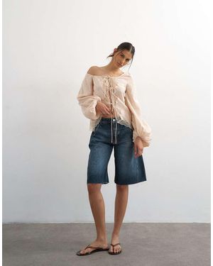 TOPSHOP Blusa Con Escote Bardot, Detalle De Lazada Y Ribete De Encaje-Verde
