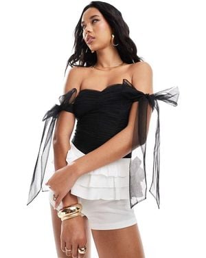 LACE & BEADS Bardot Tie Sleeve Ruched Bodysuit - Black