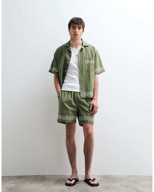 ASOS COLLECTIVE Cotton-linen Blend Embroidered Shorts - Green