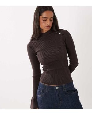 The Frolic Exclusive High Neck Ribbed Pearl Detail Flare Sleeve Jumper - Black