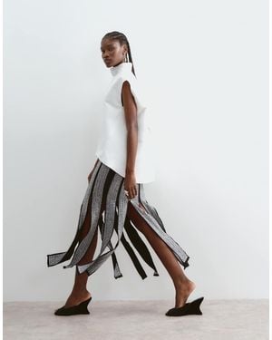 ARRANGE Embellished Panelled Fringe Hem Midi Skirt - White