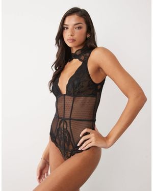 ASOS Lola Lace High Neck Cut Out Detail Body - Black