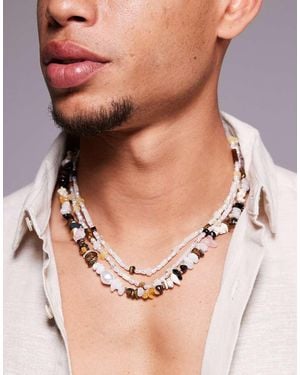 ASOS Festival Semi-precious 3 Pack Beaded Mixed Chips Necklace - Natural