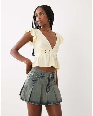 Motel Leisma Studded Frill Plunge Top - White