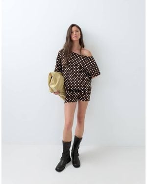 ASOS Polka Dot Off Shoulder Top Co-ord - Brown