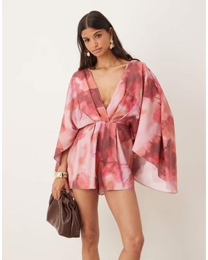 ASOS Mono Corto Escotado Con Estampado Floral Y Mangas Extragrandes De - Rojo