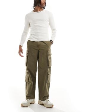 River Island Loose Leg Cargo Trousers Dark Khaki - White