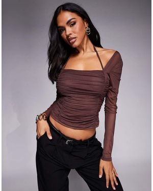 ASOS Mesh Long Sleeve Top With Halter Neck Detail - Black