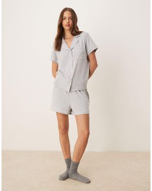 ASOS Super Soft Short Sleeve Shirt & Shorts Pyjama Set With Contrast Piping - Natural