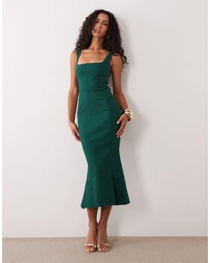 Vesper Bengaline Sleeveless Square Neck Fishtail Midi Dress - Green