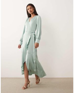 Vila Long Sleeve Satin Wrap Midi Dress - Green