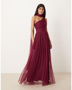 LACE & BEADS Bridesmaid One Shoulder Scarf Neck Maxi Dress - Red