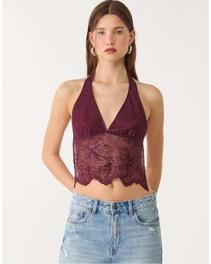 Stradivarius Halter Top With Rhinestone Embroidery - Red