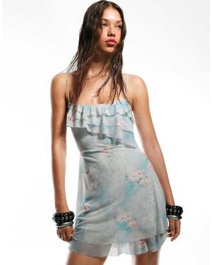 Bershka Printed Ruffled Tulle Mini Dress - Blue
