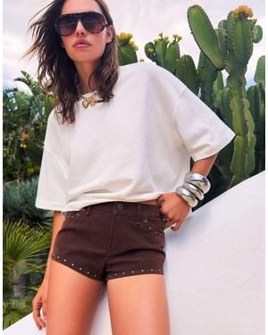 Bershka Studded Faux Suede Shorts - Brown