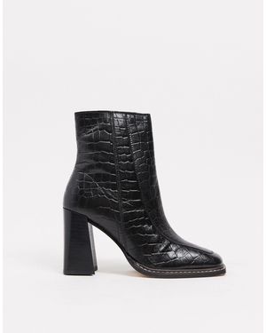 River Island Croc Square Toe Heeled Boot - Black