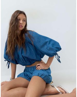 ASOS Blusa Vaquera Con Bajo Abullonado De Conjunto En - Azul