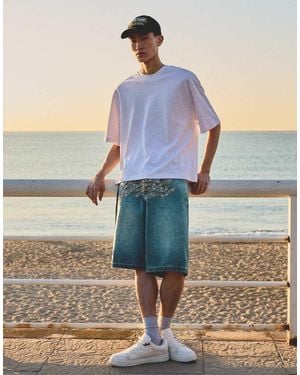 Bershka Embroidered Denim Bermuda Shorts - Blue
