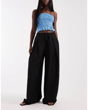 ASOS Textured Wide Leg Pants With Tie Waist - Blue