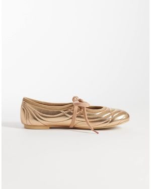 JW PEI Erika Topstitching Lace Up Ballet Flats - Natural