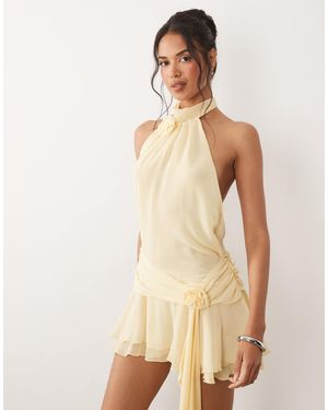 Oh Polly Chiffon Halter Neck Rosette Detail Draped Waist Mini Dress - Natural