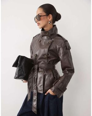 New Look Faux Leather Funnel Neck Mac - Grey