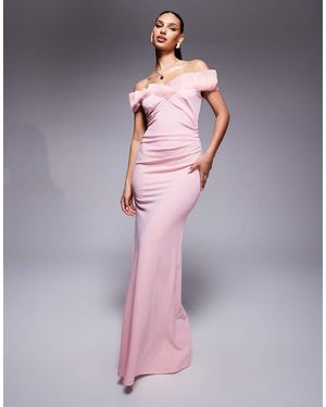 Goddiva Fan Pleated Bardot Scuba Crepe Maxi Dress - Pink