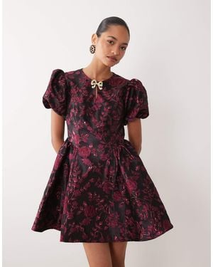 Sister Jane Jacquard Puff Sleeve Diamante Bow Detail Mini Dress - Red