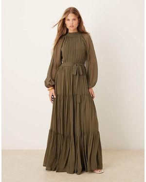 LACE & BEADS Balloon Sleeve Tiered Maxi Dress - Green