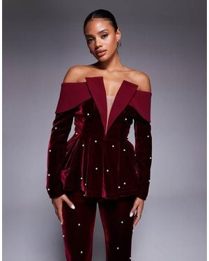 ASOS Velvet Off The Shoulder Structured Blazer Top With Pearl Detail