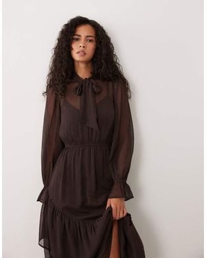 Wednesday's Girl Long Sleeve Ruffle Detail Midaxi Dress - Brown