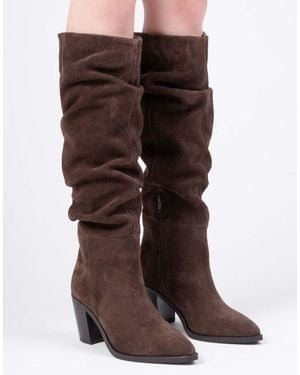 OFF THE HOOK Muswell Suede Leather Slouchy Knee-High Block Heel Boots - Brown