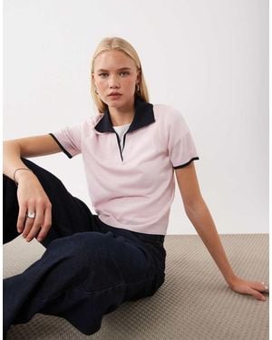 Mango Gebreide Polotop Met Korte Mouwen En Contrasterende Afwerking - Roze