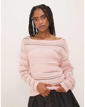 Threadbare Slash Neck Pointelle Knit Jumper - Pink