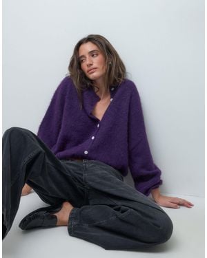 Pieces Fluffy Knitted Slouchy Cardigan - Purple