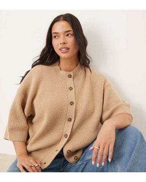 ASOS Asos Design Curve Knitted Short Sleeve Rib Cardigan - Natural