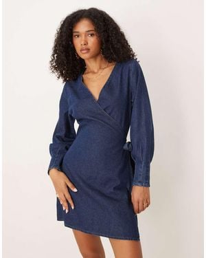 ASOS Denim Long Sleeve Wrap Mini Dress With Pleat Cuff Detail - Blue
