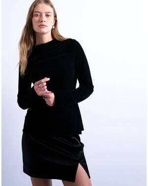 TOPSHOP Long Sleeve Drape Neck Velvet Top - Black
