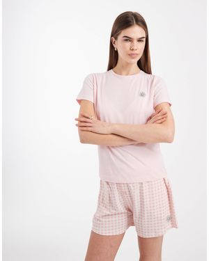 Brave Soul Cotton T-Shirt And Floral Print Shorts Pyjama Set With Daisy Embroidery - Pink