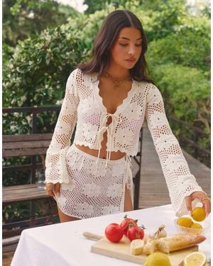 The Frolic X Lydia Kara Exclusive Crochet Tie Front Long Sleeve Beach Crop Top Co-ord - Green