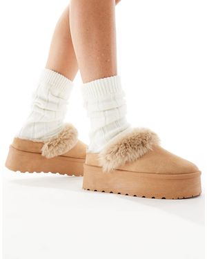 SEQWL Faux Fur Flatform Mules - Natural