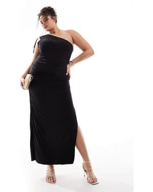 Kaiia Plus Slinky Ruched One Shoulder Maxi Dress - Black