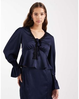 Wednesday's Girl Long Sleeve Satin Lace Detailed Blouse - Blue