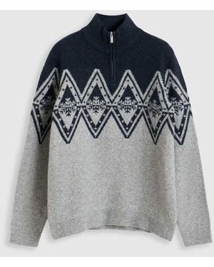 Threadbare Diamond Fairisle Quarter Zip Christmas Jumper - Grey