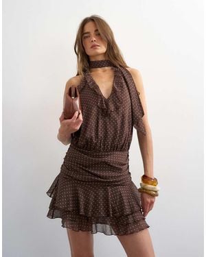 TOPSHOP Chiffon Ruffle Polka Dot Drop Waist Mini Dress - Brown