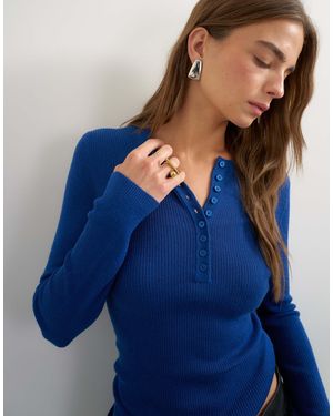 TOPSHOP Knitted Wool Blend Henley Long Sleeve Top - Blue