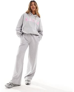 Kaiia Contrast Waistband Drawstring Wide Leg Sweatpants Co-Ord - Grey