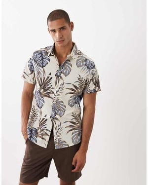 Threadbare Camicia A Maniche Corte Écru Con Stampa Di Palme - Bianco