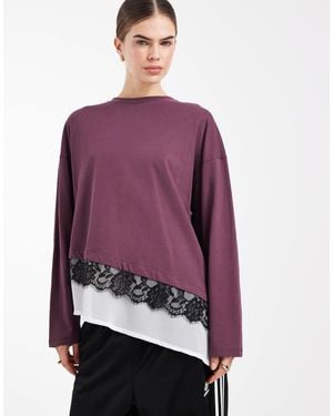 ASOS Long Sleeve With Chiffon Underlay With Lace Trim Top - Purple